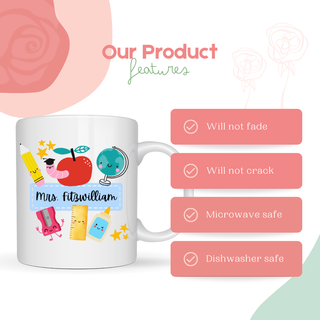 11oz White Ceramic Mug | Teacher Crayon Design with Personalization